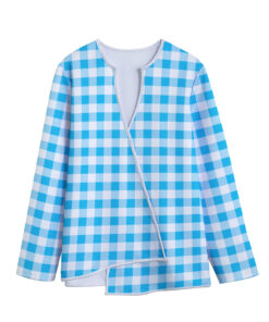 Cyan Blue And White Gingham Print Long Sleeve Short Coat