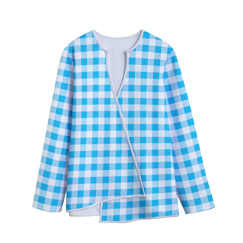 Cyan Blue And White Gingham Print Long Sleeve Short Coat Cyan Blue And White Gingham Print Long Sleeve Short Coat