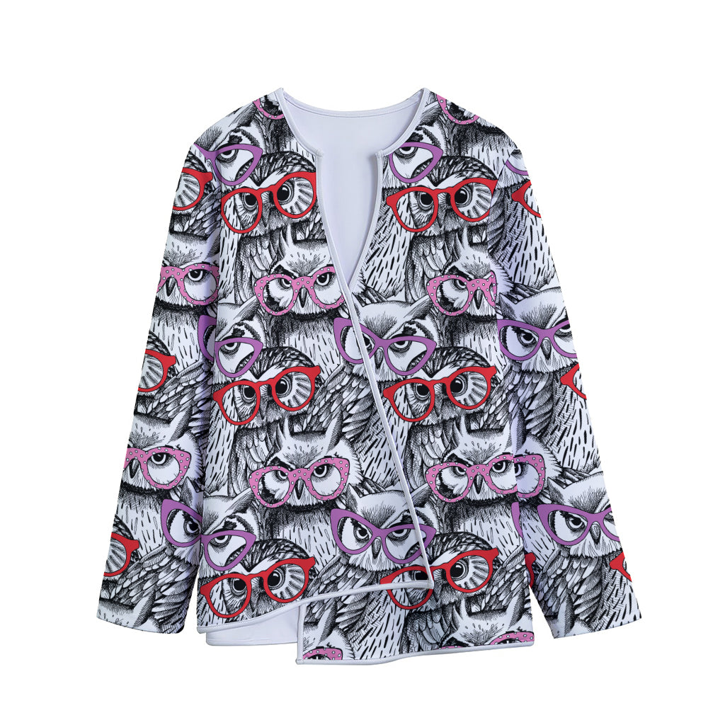 Owl With Glasses Pattern Print Long Sleeve Short Coat Owl With Glasses Pattern Print Long Sleeve Short Coat